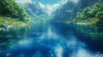 Crystal Clear Blue Lake in Mountain Valley. Generative AI