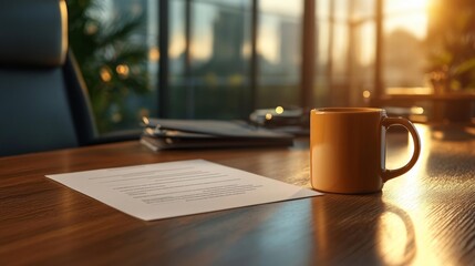 Legal contract document on a modern desk with coffee cup. Generative AI