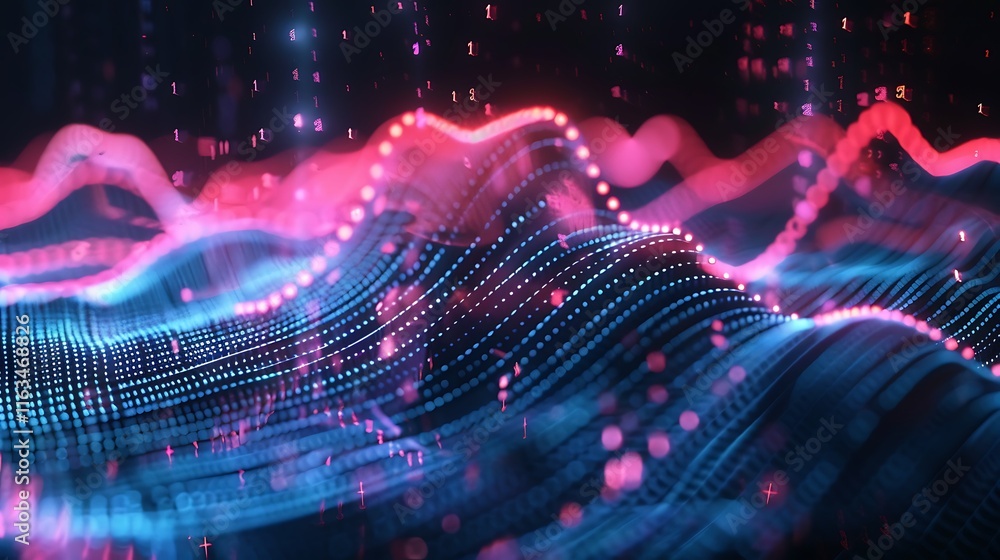 Poster abstract digital art depicting neon waves of data, representing technology and the future.