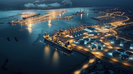 Maritime logistics center at night beautifully lit, AI generated image