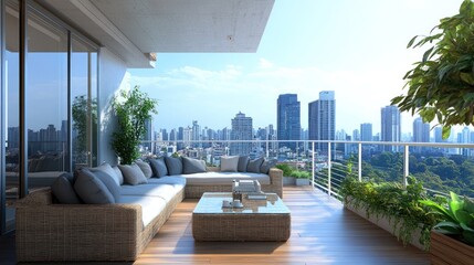 Fototapeta premium Luxury Cityscape Balcony Oasis: Modern Apartment Terrace with Stunning Urban View