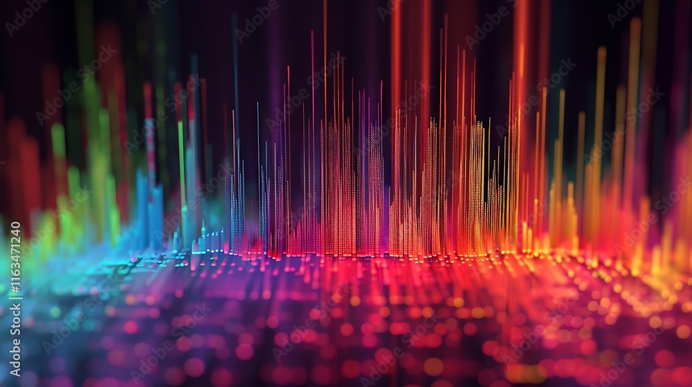 Poster abstract artwork featuring a vibrant spectrum of colors in dynamic, vertical lines. the image evokes