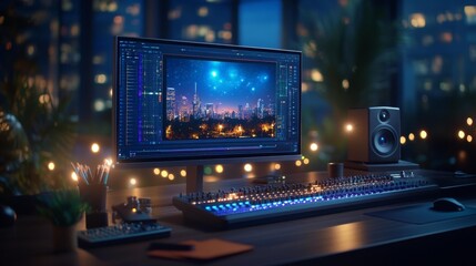 Video Editing Workstation in Dimly Lit Room. Generative AI