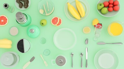 Green background showcasing breakfast food and utensils
