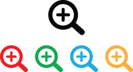 Colorful zoom in icon set in five colors . magnifying glass with plus icon . Vector illustration