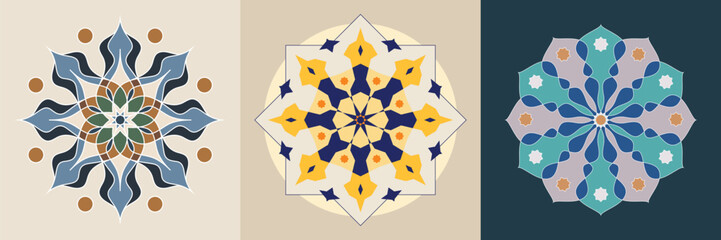 Elegant circular Islamic ornamental mandala set. Collection of Islam, Arabic, Indian, Turkish, Pakistan, Chinese, and Ottoman decoration motifs. Modern geometric mandala stars.
