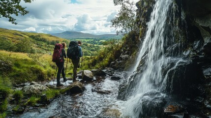 Obraz premium Hikers Explore Scenic Waterfall in Lush Green Landscape with Mountains in Background