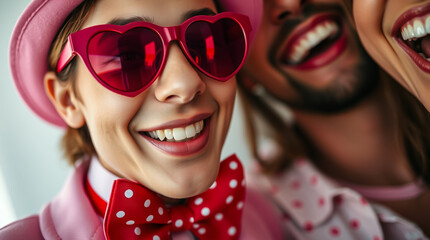  Close up of three friends in pink outfits laughing together with joy. The image highlights the power of friendship, happiness, and shared joy.