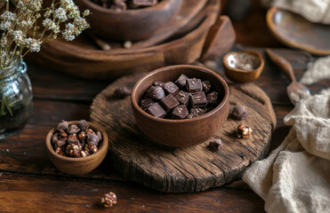 Brown Bowl with Dark Chocolate Squares on Wooden Table Surrounded by Nuts and Dried Flowers, Rustic Lifestyle Setting for Food Photography