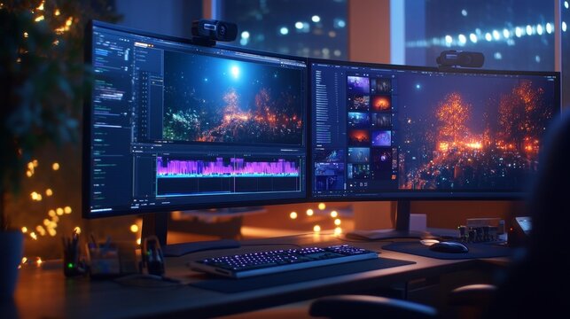 Professional video editing setup with timeline view and dual monitors. Generative AI
