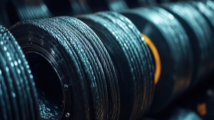 Rolls of industrial cables in black
