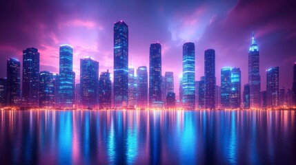 Cyberpunk Cityscape with Neon Skyscrapers and Reflections. Generative AI
