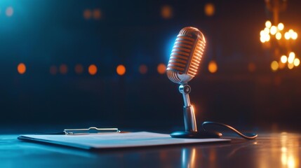 Event itinerary clipboard with microphone in elegant banquet hall. Generative AI