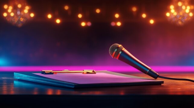 Event Itinerary Clipboard with Microphone and Elegant Banquet Hall Background. Generative AI