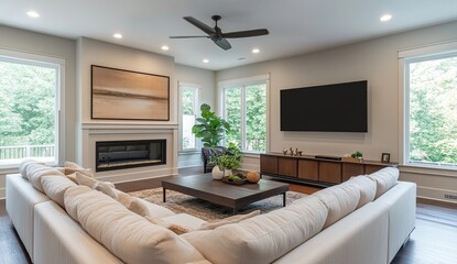 Modern Living Room Design: Sectional Sofa, Fireplace, and Large Windows with Natural Light