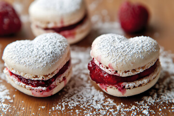  heart-shaped raspberry macarons with powdered sugar