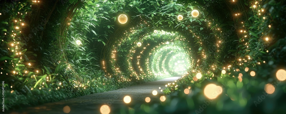 Aufkleber mystical lush idea. enchanted forest pathway illuminated by glowing lights and lush greenery.