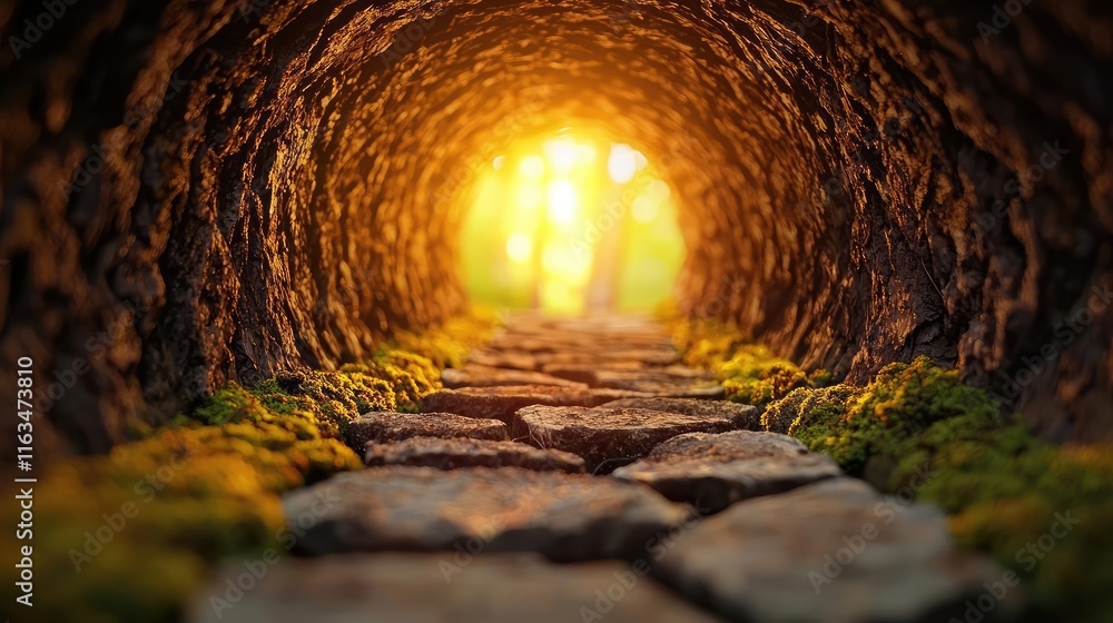 Poster Mystical nature concept. A serene path illuminated by sunlight through a tree trunk, creating a mystical atmosphere.