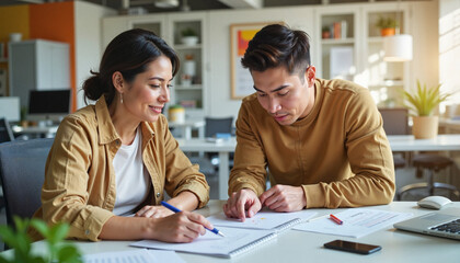 Hispanic woman and Asian man collaborating in colorful office, teamwork