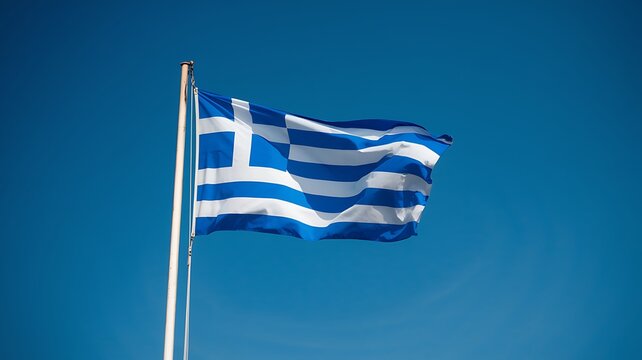 The Greek flag fluttering gracefully against a clear blue sky