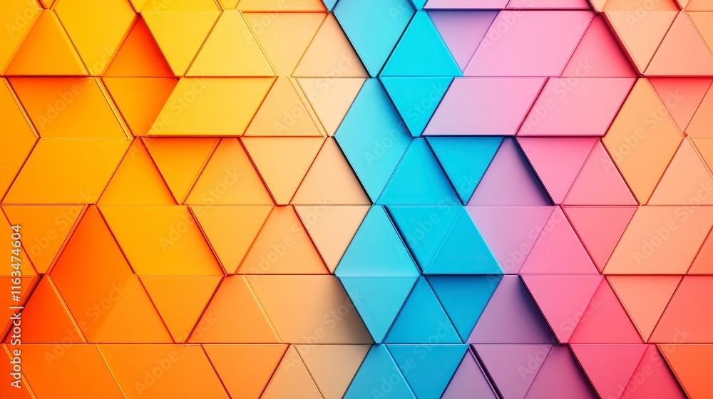 Poster vibrant geometric pattern of colorful triangles in a striking gradient design illustrating modern ab