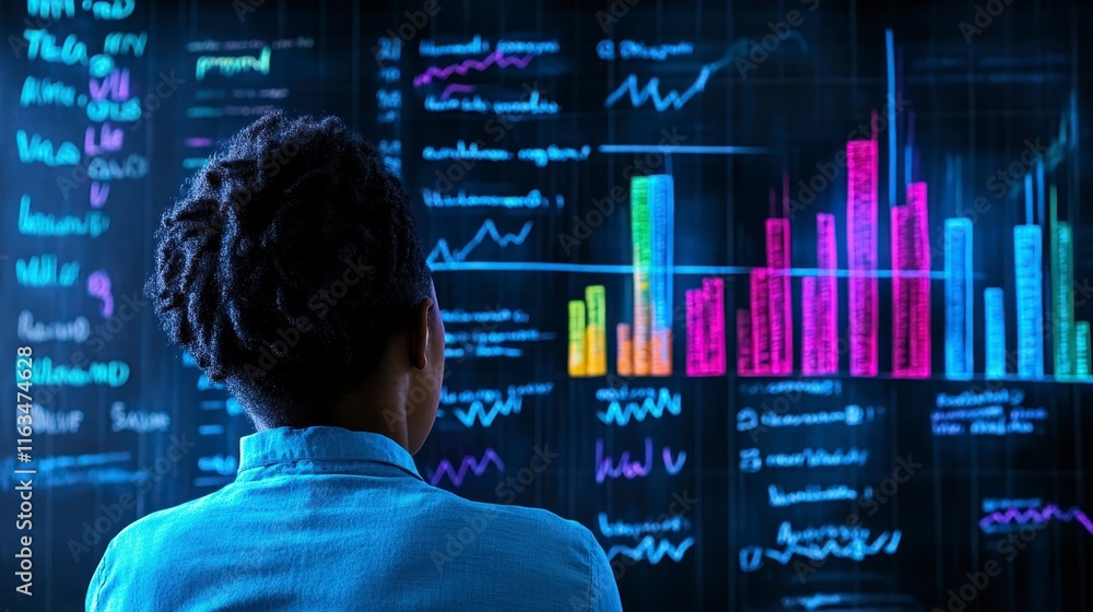 Poster analyzing data insights on a digital screen in a modern office environment, showcasing graphs and ch