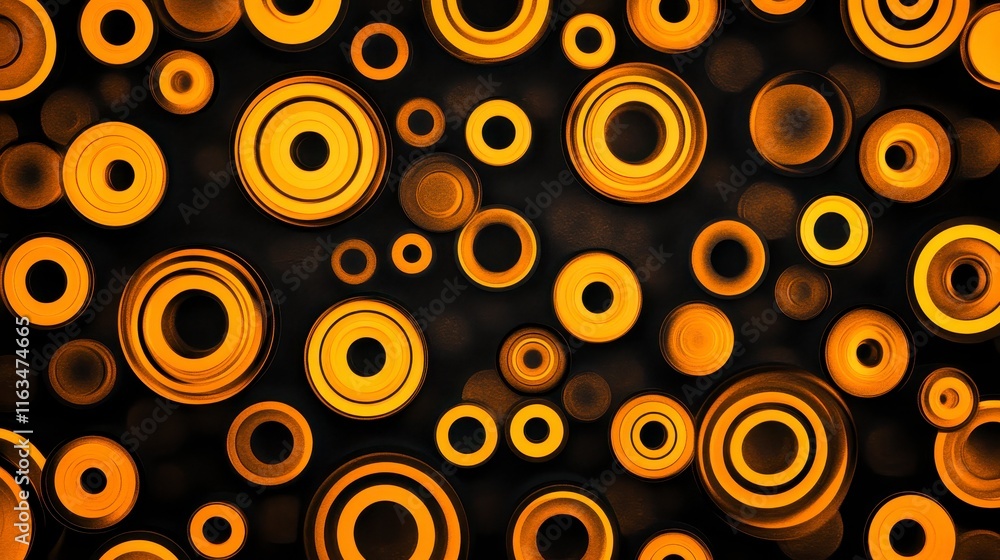 Poster vibrant patterns of orange and yellow concentric circles on a black background, showcasing modern de