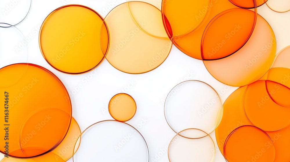 Poster abstract composition of overlapping translucent circles in warm amber and orange hues on a white bac
