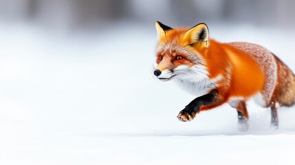 Obraz premium A vibrant red fox gracefully running through a snowy landscape, showcasing its striking orange fur and playful demeanor in a winter wonderland
