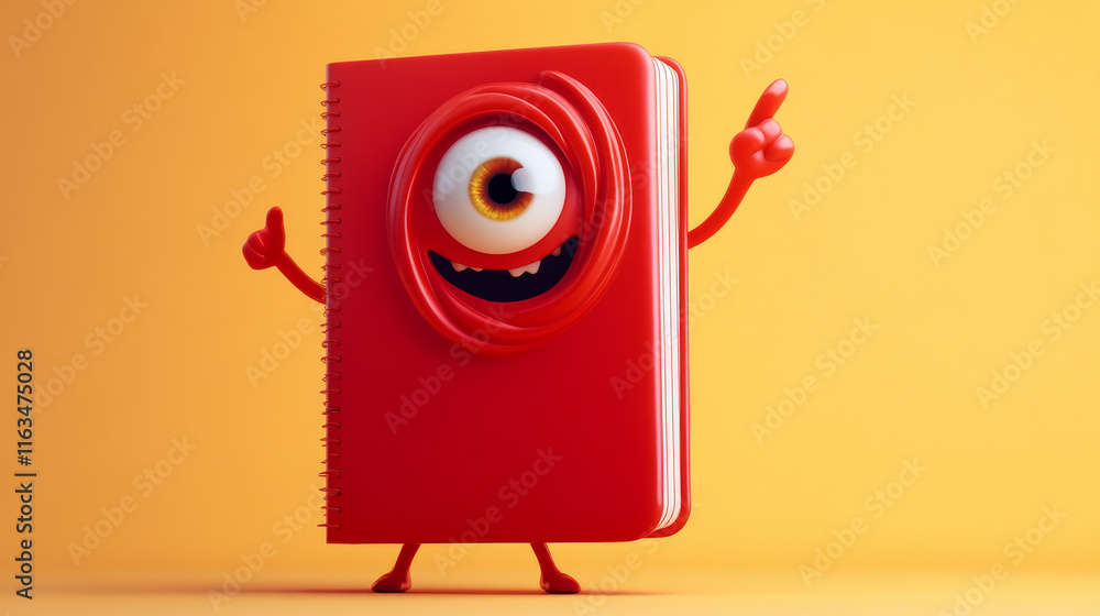 Poster cartoon funny red notebook character. happy vector diary with spiral wink eye and pointing with hand