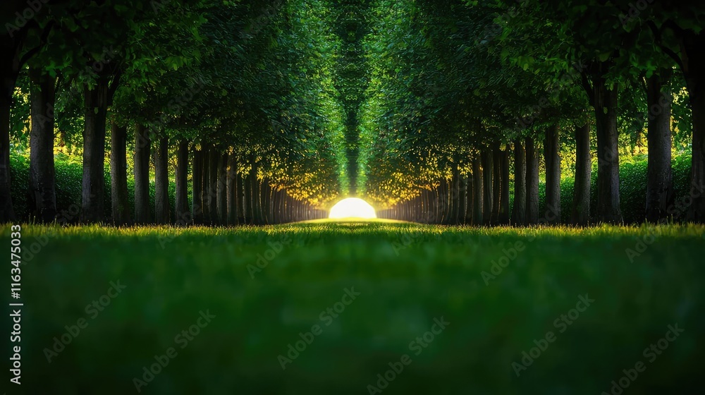 Poster mystical nature concept. a serene path lined with lush trees leading to a bright sunlight in the dis