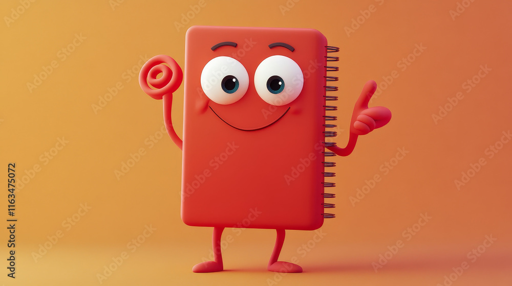Poster cartoon funny red notebook character. happy vector diary with spiral wink eye and pointing with hand