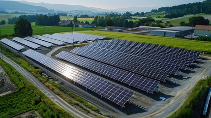 Aerial view showcases solar energy farm with rows of solar panels stretching across countryside for sustainable power development and environmental innovation concept.
