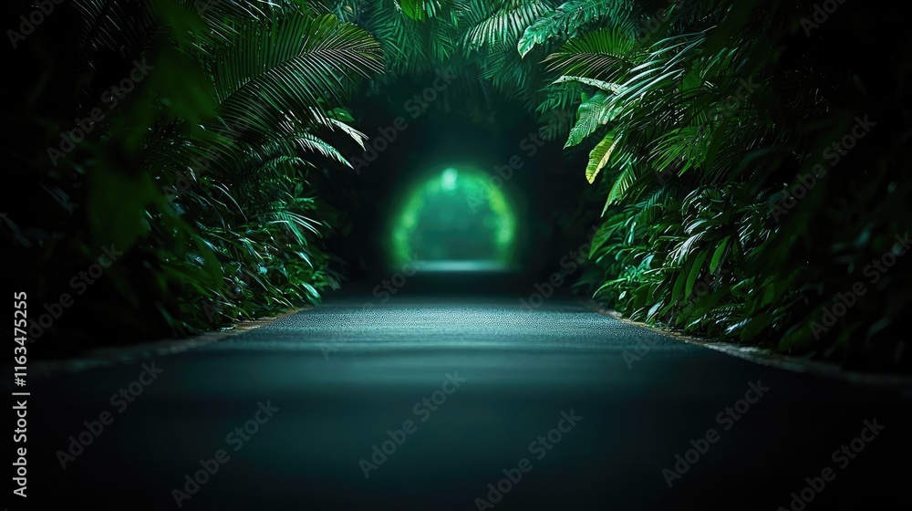 Aufkleber mystical tropical concept. a serene pathway leads through lush greenery into a mysterious glowing tu