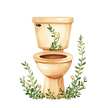Watercolor illustration of a beige toilet surrounded by wildflowers and greenery.
