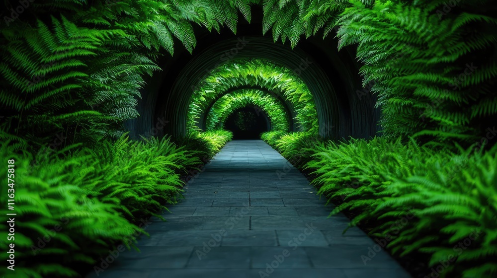 Poster mystical nature concept. a serene pathway surrounded by lush, green ferns creating a tranquil atmosp