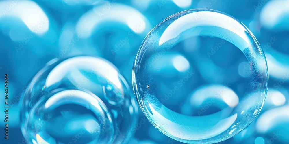 Poster macro image of reflective blue soap bubbles. macro shot of blue object.