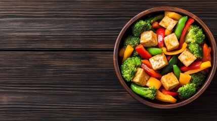 A vibrant bowl of mixed stir-fried vegetables and tofu on a rustic wooden table showcasing healthy eating