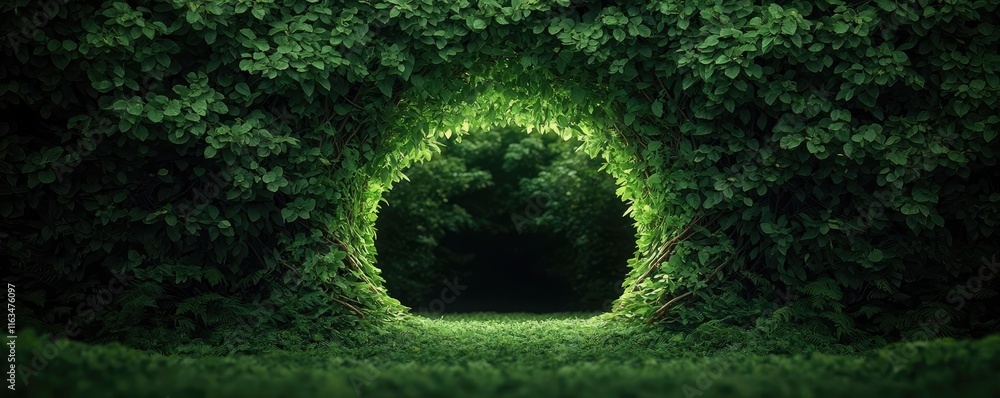 Poster mystical lush idea. a serene circular opening in lush greenery inviting exploration and tranquility.