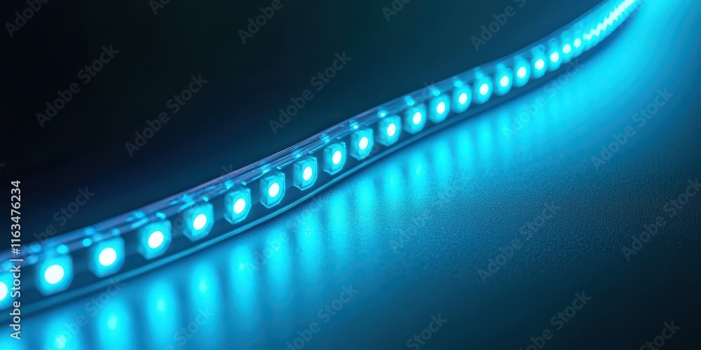 Poster macro shot of glowing blue led lights in a row. macro shot of blue object.
