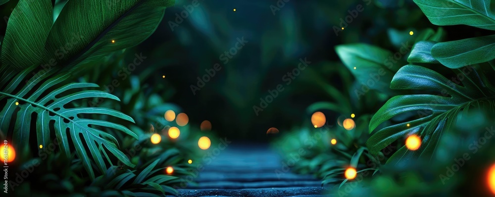 Poster mystical tropical concept. a serene path through lush greenery illuminated by gentle glowing lights.