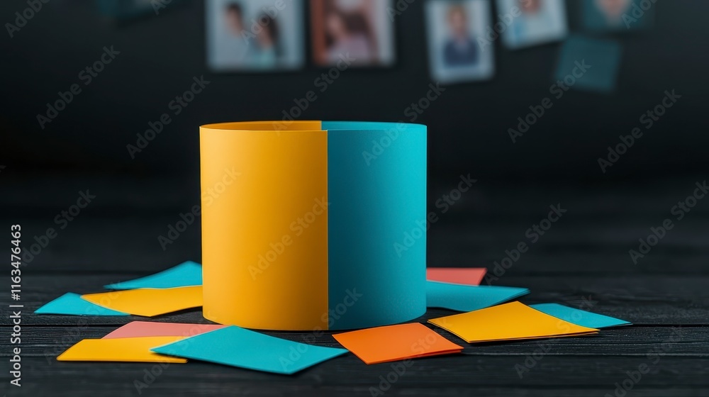 Poster creative workspace scene featuring a round container with half yellow and half blue design, surround
