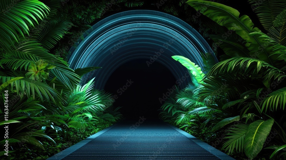 Poster mystical tropical concept. a vibrant tunnel surrounded by lush greenery and illuminated by ethereal 