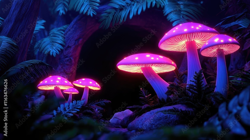 Poster mystical nature concept. glowing mushrooms illuminate a dark forest, creating an enchanting and magi