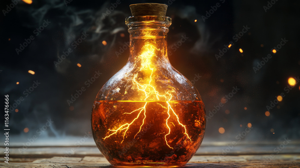 Poster potion bottle vector icon, magic elixir in glass flask with brown liquid and lightning strikes. cart