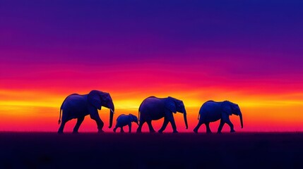 A serene sunset silhouette of a family of elephants walking across the savannah with vibrant hues of purple and orange sky