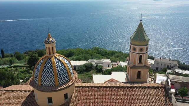 Aerial view of Praiano coastline and Parish Church of Saint Januarius on a sunny summer day, Amalfi Coast Italy, Europe