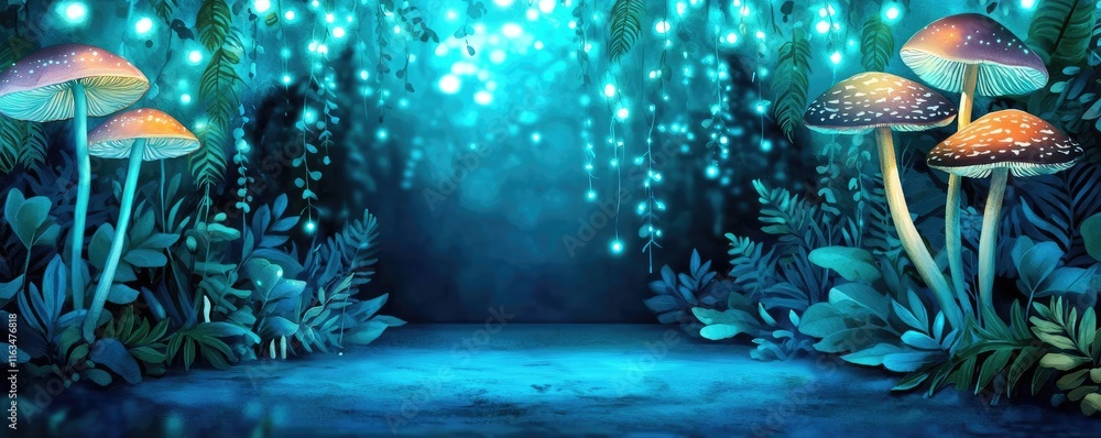 Aufkleber mystical lush idea. enchanting forest scene with glowing mushrooms and vibrant greenery under a myst