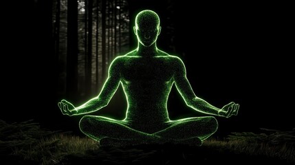 A serene silhouette of a glowing figure meditating in a tranquil forest, evoking peace and mindfulness in a mystical setting