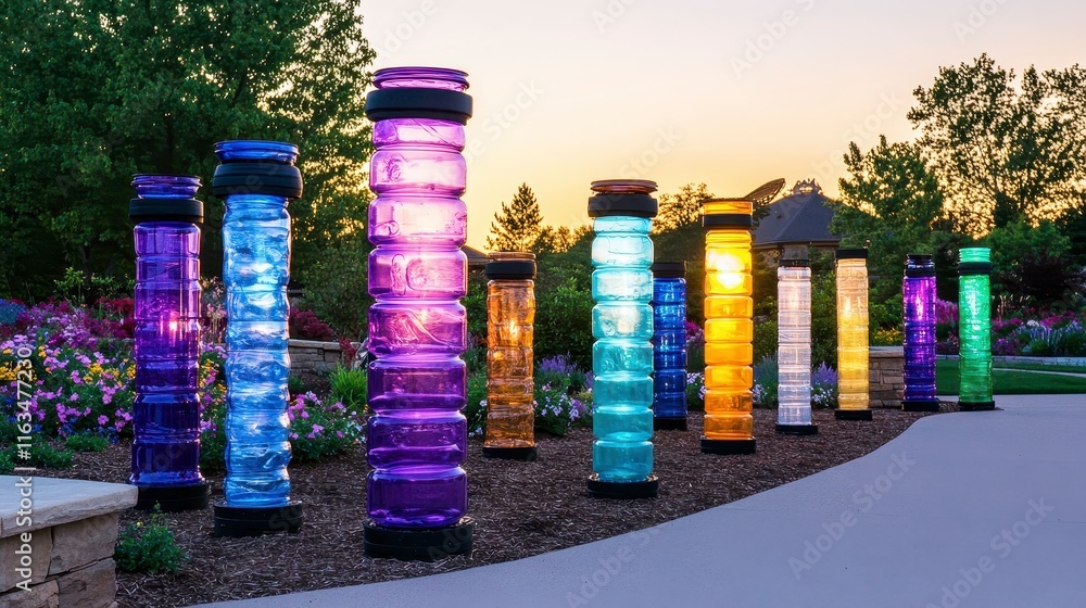 Poster colorful illuminated pillars create a stunning visual display in a beautiful garden setting during s